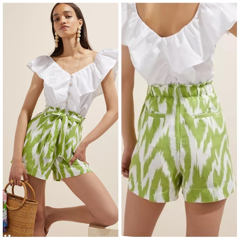 by Anthropologie Breezy Paper Bag Shorts Chartreuse Women's Medium Linen Blend